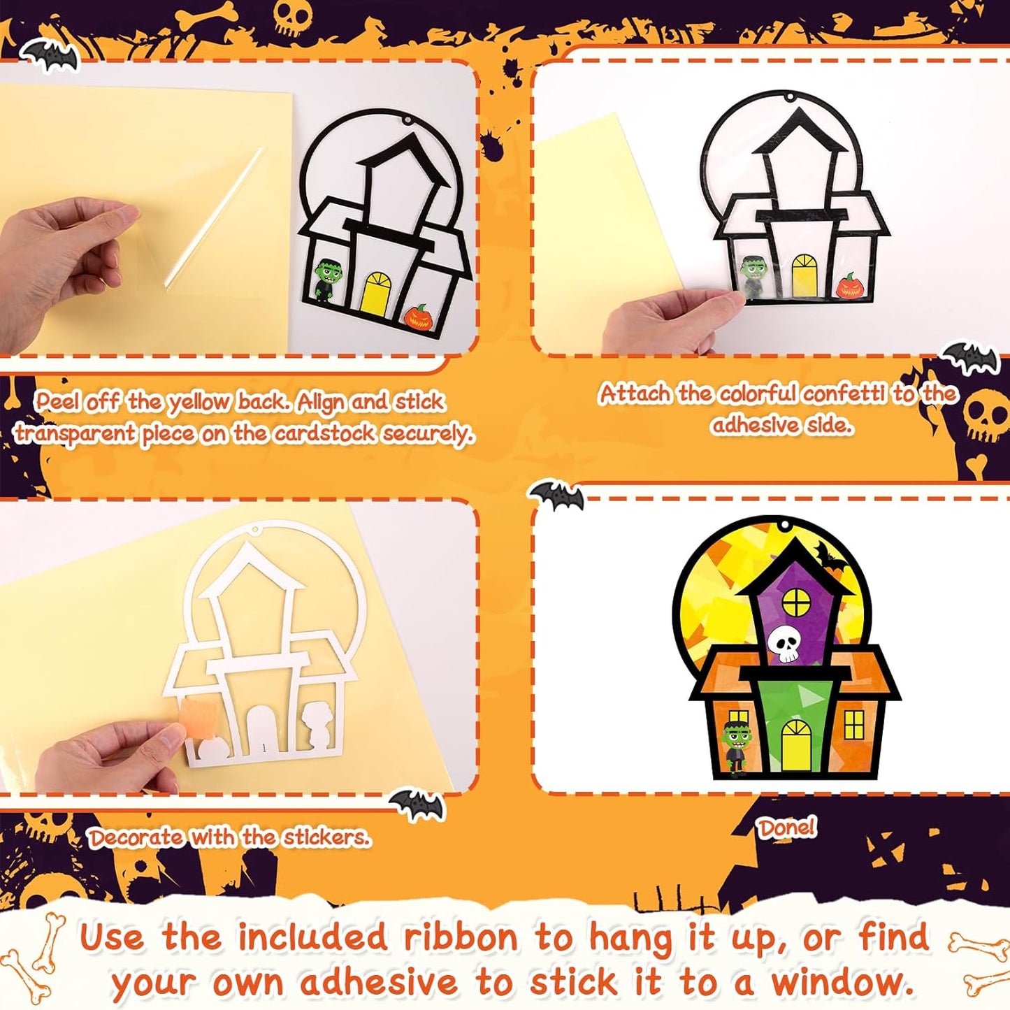 Renbuzhu 36PCS Halloweens Crafts Bulk: Haunted House Paper Suncatchers DIY Kit Party Activities Decorations, Window Stained Glass Effect Art Supplies