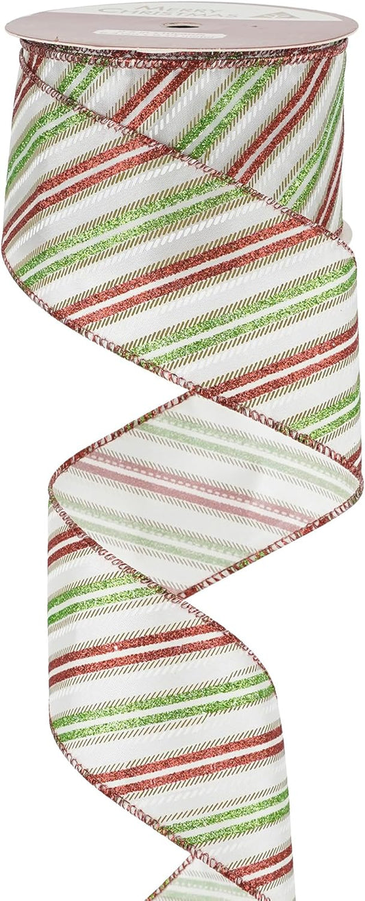 MEEDEE Red and Green Diagonal Striped Ribbon 2.5 Inch White Satin with Lime Green and Red Glitter Wired Ribbon for Christmas Tree, Garlands, Wreaths, Topper Bow (10 Yards)