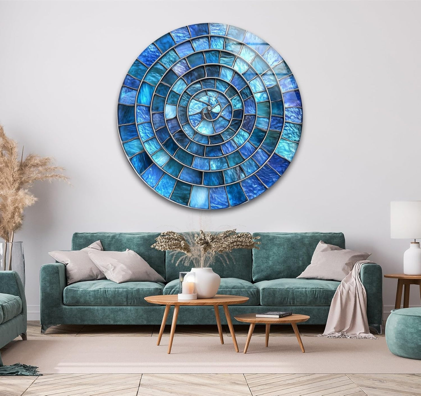 My Photostation.com 24''(60cm) Diameter Blue Aqua Spiral Harmony Round Glass Wall Art Tempered Glass Printing Wall Decor Large Wall Art Wall Hangings