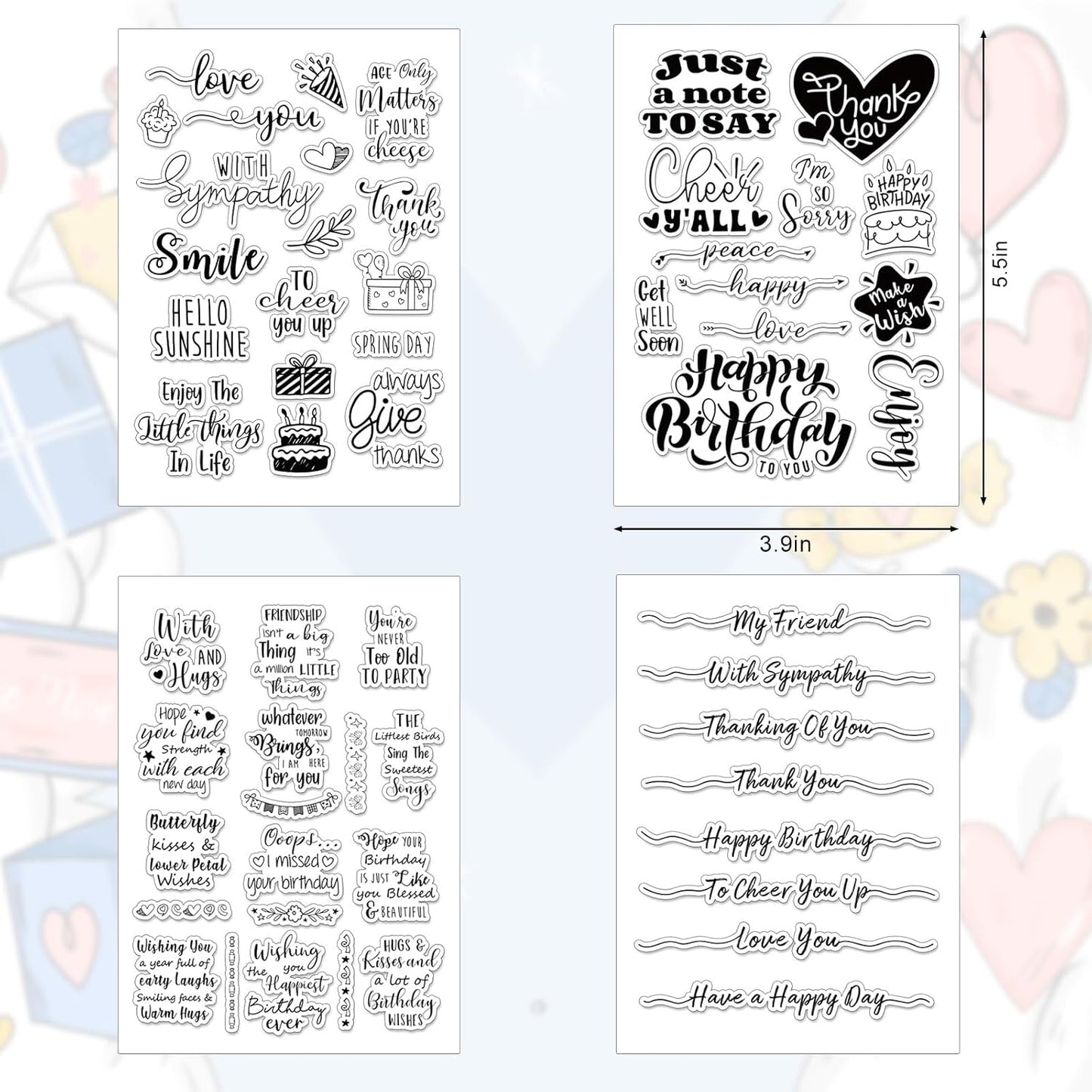 Whaline 4 Sheets Sentiment Words Clear Stamps Greeting Words Happy Birthday Silicone Transparent Stamps for DIY Craft Card Making Scrapbooking Embossing Album Decor