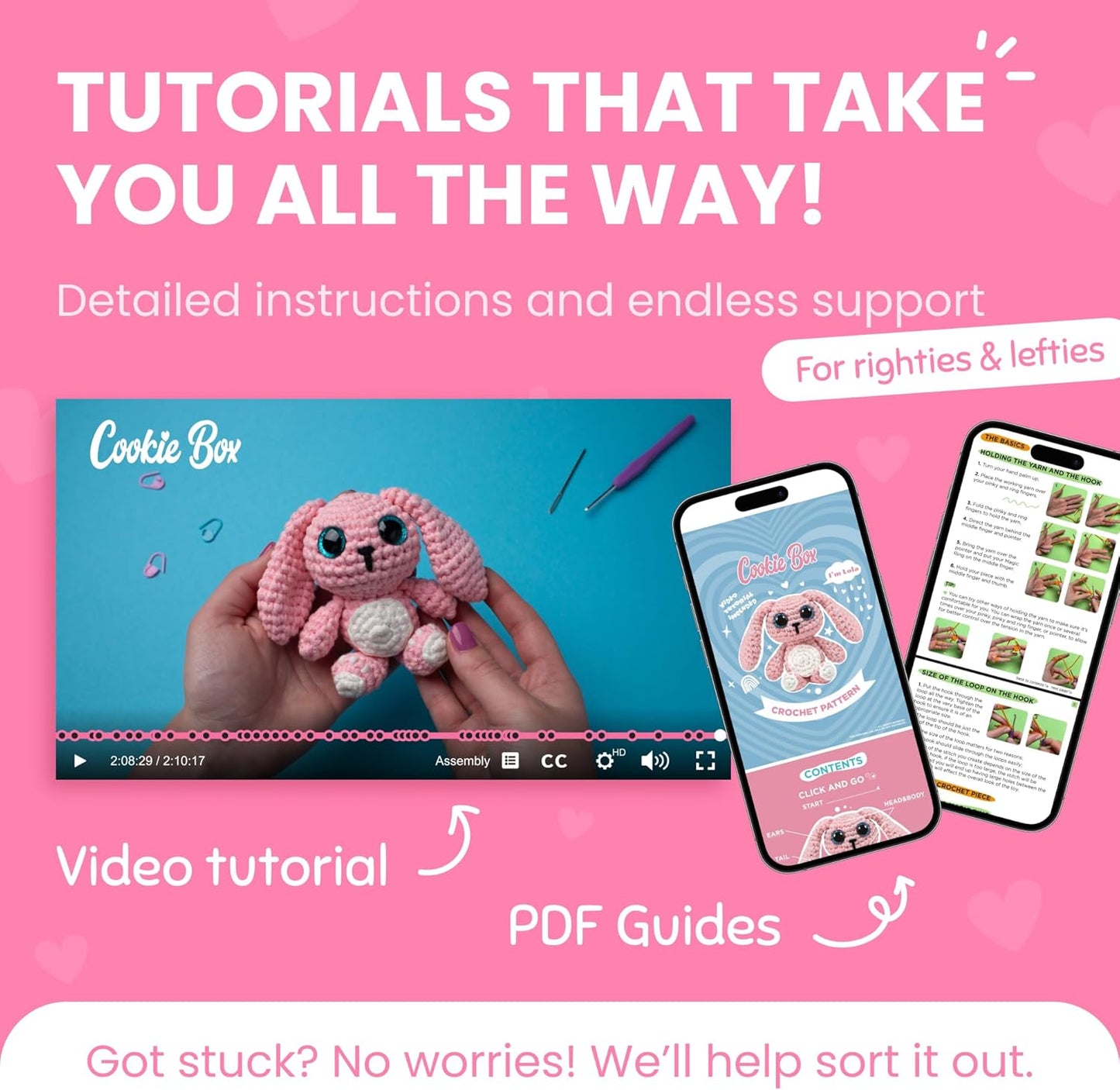 Cookie Box Crochet Kit for Beginners – Gift Set to Make Bunny Lola Amigurumi Plushie – Easy DIY Crochet & Knitting Starter Kit with Video and PDF Tutorials