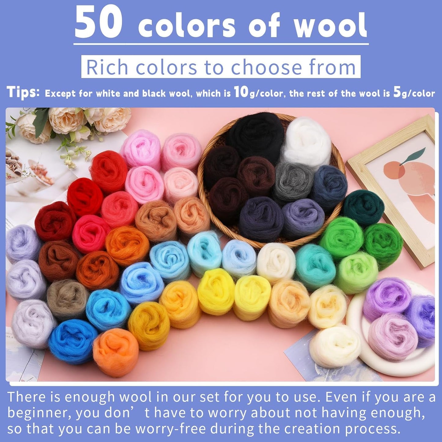 IMZAY 50 Colors Needle Felting Wool, 5g/Pack Wool Roving Yarn, 9.2 Oz Fiber Wool Roving for DIY Hand Spinning, Felting Crafts, Needle Felt Roving DIY Craft, Black/White 10g Each