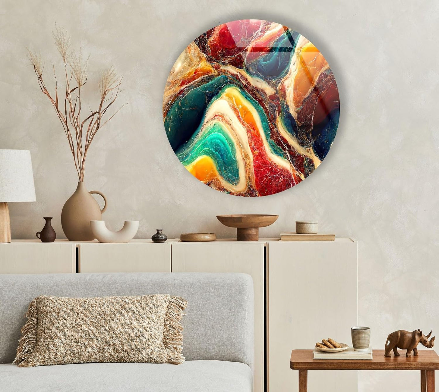 My Photostation.com 24''(60cm) Diameter Colorful Marble Swirl Round Wall Art Abstract Glass Decor with Earthy Tones & Gemstone Texture