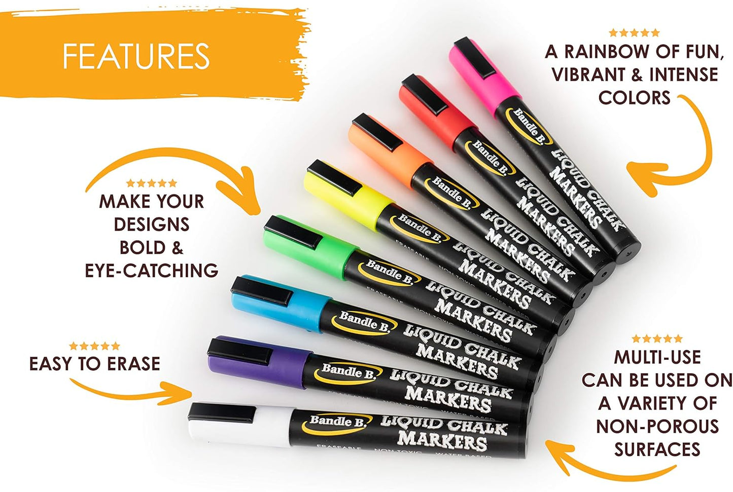 Bandle B. Chalk Markers - 8 Vibrant Fine Tip, Erasable, Non-Toxic, Water-Based, For Kids and Grown-Ups for Glass or Chalkboard Marker for Businesses, Restaurants, Liquid Chalk Markers (Vibrant 1mm)