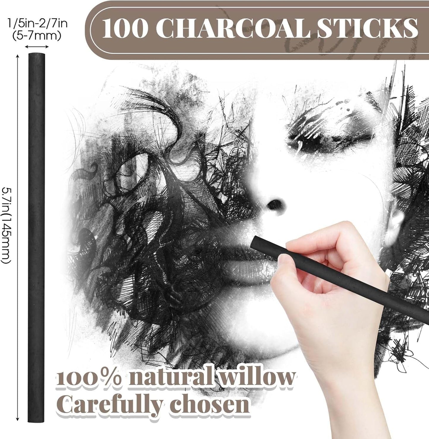 Gueevin 100 Pcs Willow Charcoal Sticks, Willow Charcoal, Artists, Beginners, Students, Perfect for Sketching, Drawing, Shading, and Fine Art Christmas Gifts for Art (5-7mm)