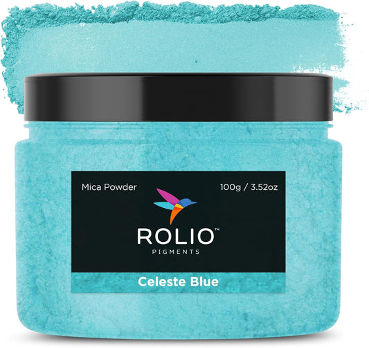 Rolio Premium Blue Mica Powder - Celeste Blue (100G / 3.5 oz) - 1 Jar of Pigment Powder for Epoxy Resin, Dye, Soap Making, Nail Polish, Paint, Candle Making, Bath Bombs, Slime