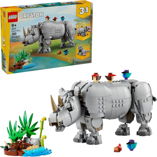 LEGO Creator 3 in 1 Wild Animals: Majestic Rhino with Birds Pretend Play Toy for Kids - Safari Toy Building Set for Girls & Boys, Ages 9+ - Build 3 Animals in 1 Kit - Gift for Birthdays - 31171