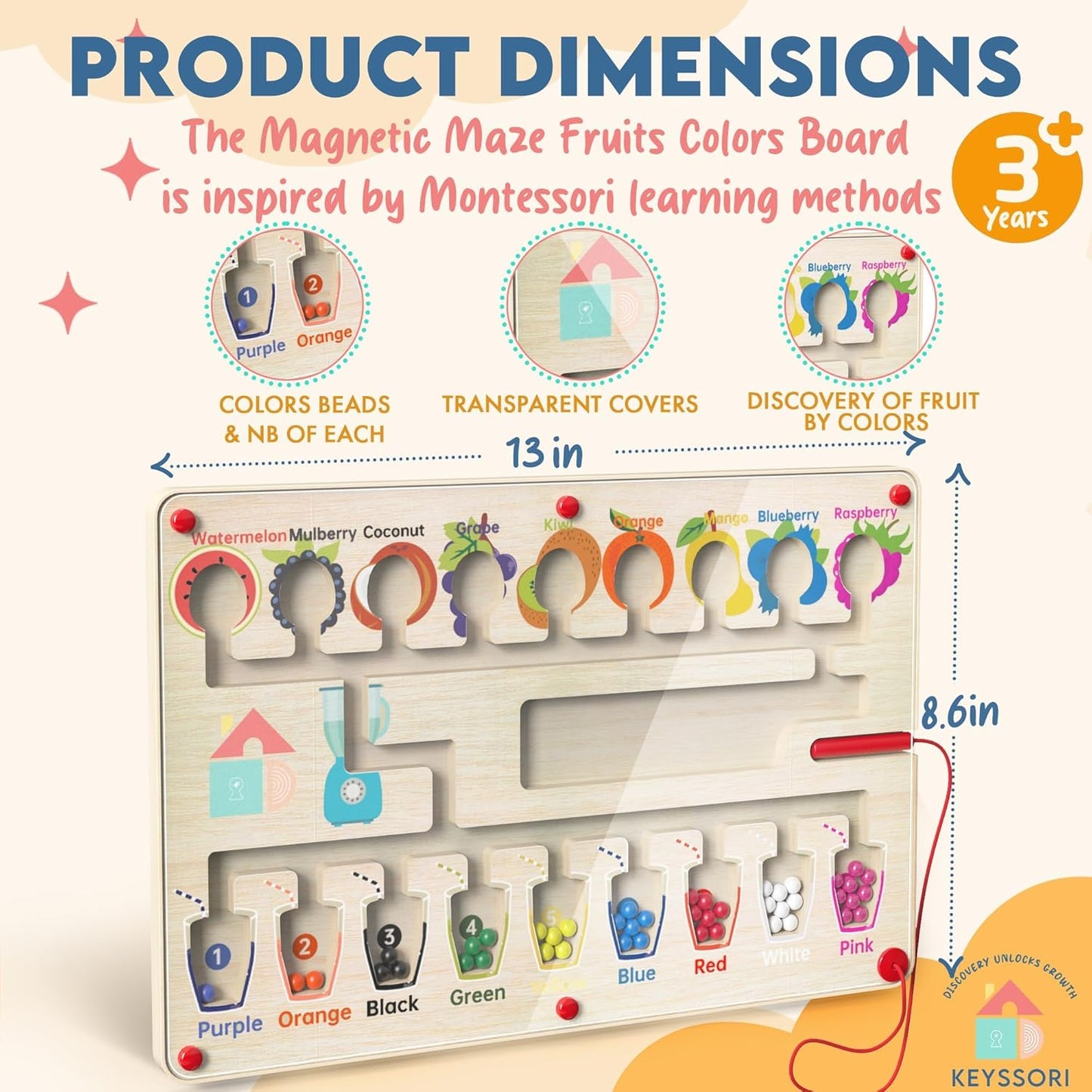 Magnetic Maze Board for Kids Age 3-5, Montessori Educational Wooden for All Toddlers 3 Busy Board, Preschool Learning Adventure, Fine Motor Skills, Fruits Colors Puzzle, Autism-Friendly Toy