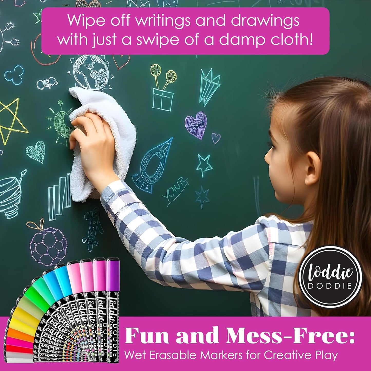 Loddie Doddie Chalk Markers - Pack of 16, 6mm Bullet & Chisel Tips Chalk Pens - Dust-Free Erasable Ink & Dry Erase Markers - Vibrant Pastel & Neon Colors - Pastel Art Pens - Fine & Bold Lines