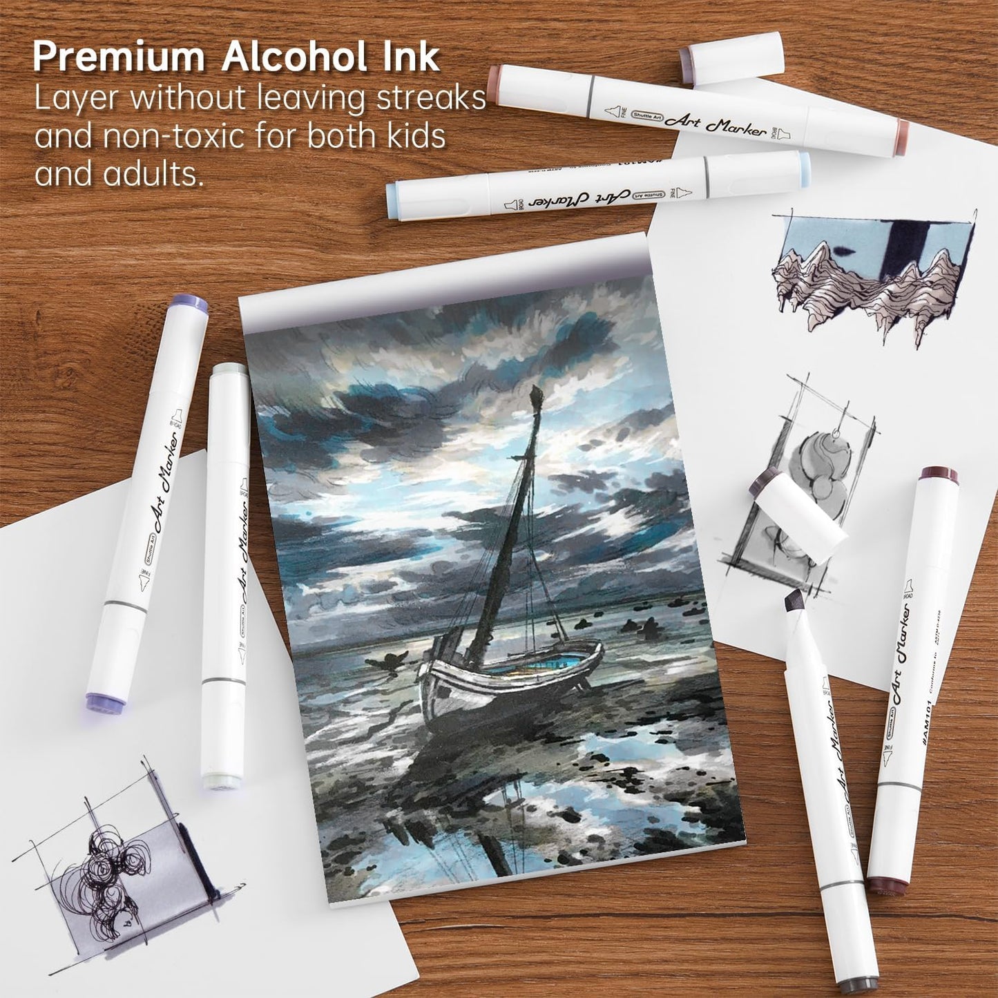 Shuttle Art 15 Colors Grey Tones Dual Tip Art Marker, Alcohol Based Marker Pens Double Ended with Fine and Chisel Point Tips Perfect for Drawing,Shading,Sketching,Designing,Outlining,Illustrating