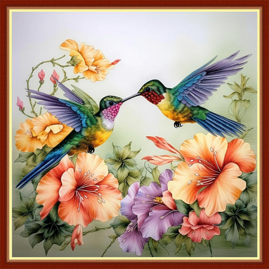Foxhool Beginners Cross Stitch Kits Stamped Full Range of Embroidery Kits for Adults DIY Cross Stitches kit Embroidery Patterns for Needlepoint kit-Hummingbirds Gather Honey 17.7x17.7 inch
