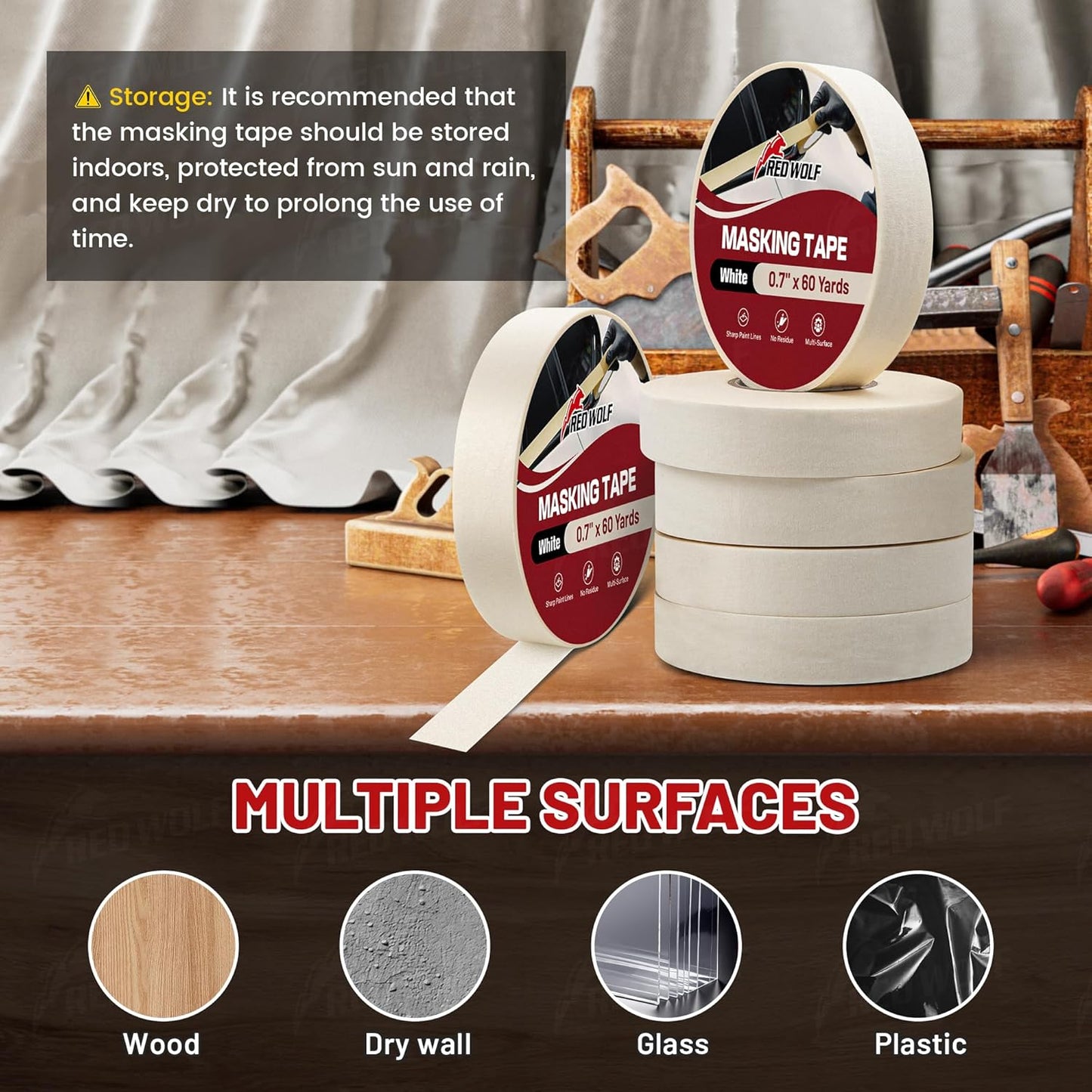 RED WOLF 1.41" x 60 Yards Masking Tape 6 Pack, General Purpose for Painting Arts Crafts Label Car Painting, Sharp Paint Line No Residue Painters Tape White Beige Crepe Paper Tape Heat Resistance