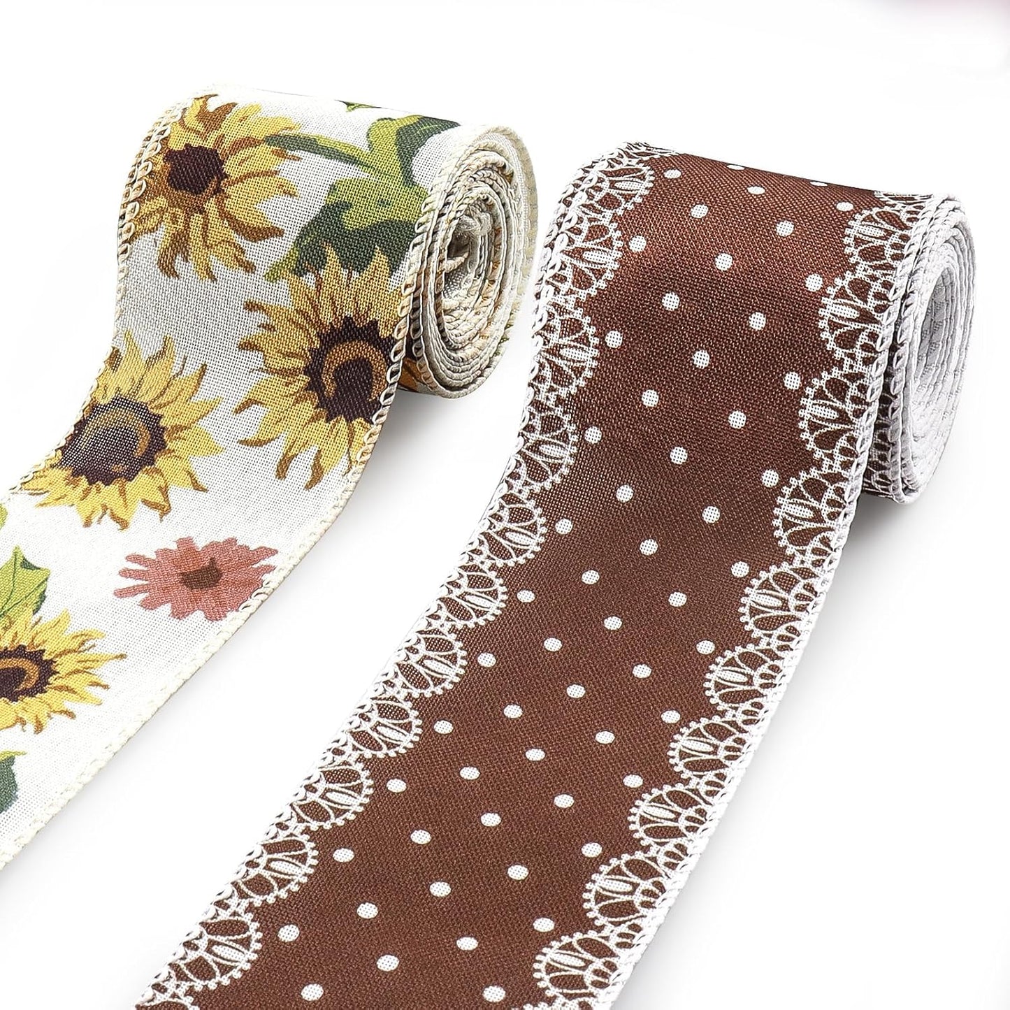 2 Rolls 10 Yard Thanksgiving Fall Wired Ribbon for Crafts Wreath Bow Making Sunflower Dot Ribbon Autumn Harvest Burlap Ribbon for Wrapping Thanksgiving Party Home Decoration 2.5''
