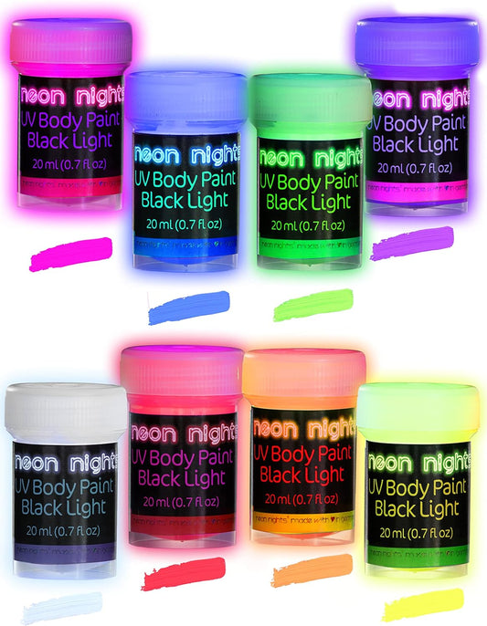 Neon Nights UV Body Paint Set | Blacklight Glow Makeup Kit | Fluorescent Face Paints for Music Festivals, Photo Shoots, Nights Out - Easy to Use and Remove, Premium Quality, Vibrant Colors | 8 Colors