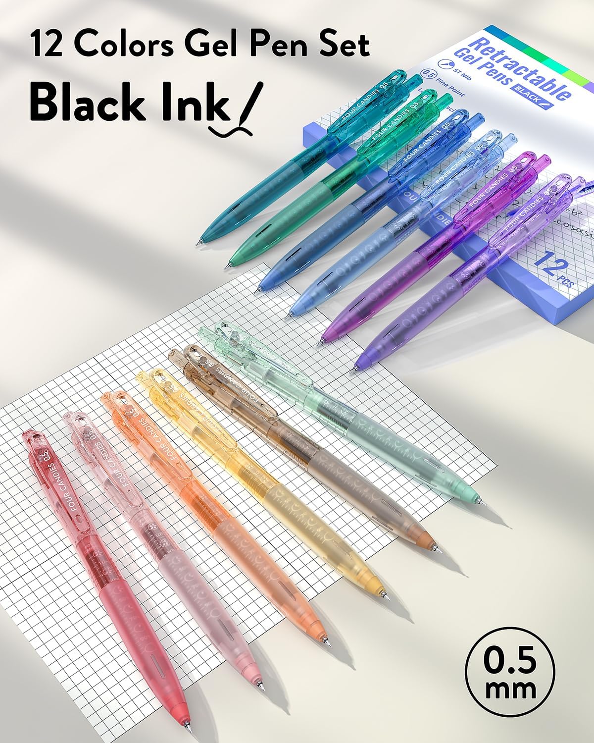 Four Candies 12Pack 0.5mm Black Ink Quick Dry Retractable Gel Pen Set, Cute Transparent Pastel Fine Point Note Taking Aesthetic lnk Pens, Comfort Grip Drawing Writing School Office Home (Black)