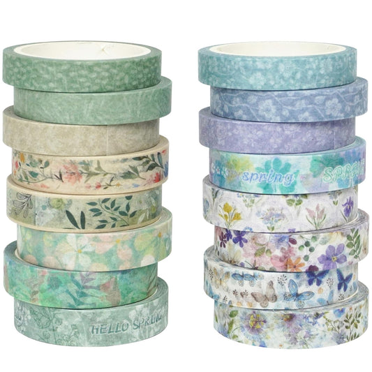 YUBX Spring Washi Tape Set 16 Rolls Flowers Printed Embellishment Green Decorative Masking Tapes for Arts, DIY Crafts, Journals, Planners, Scrapbook, Wrapping