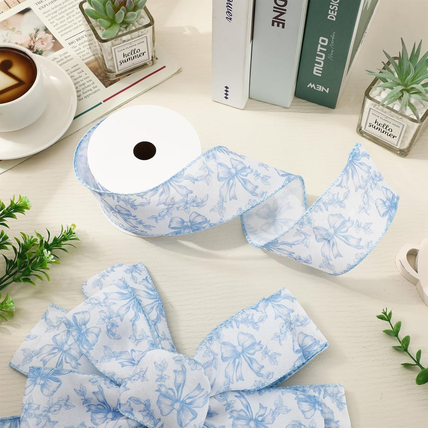 Blue Floral Bow Wired Edge Ribbon Chinoiserie Flower Bowknot Fabric Ribbon for DIY Crafts Wreath Bow Making Supplies, 12 Yard