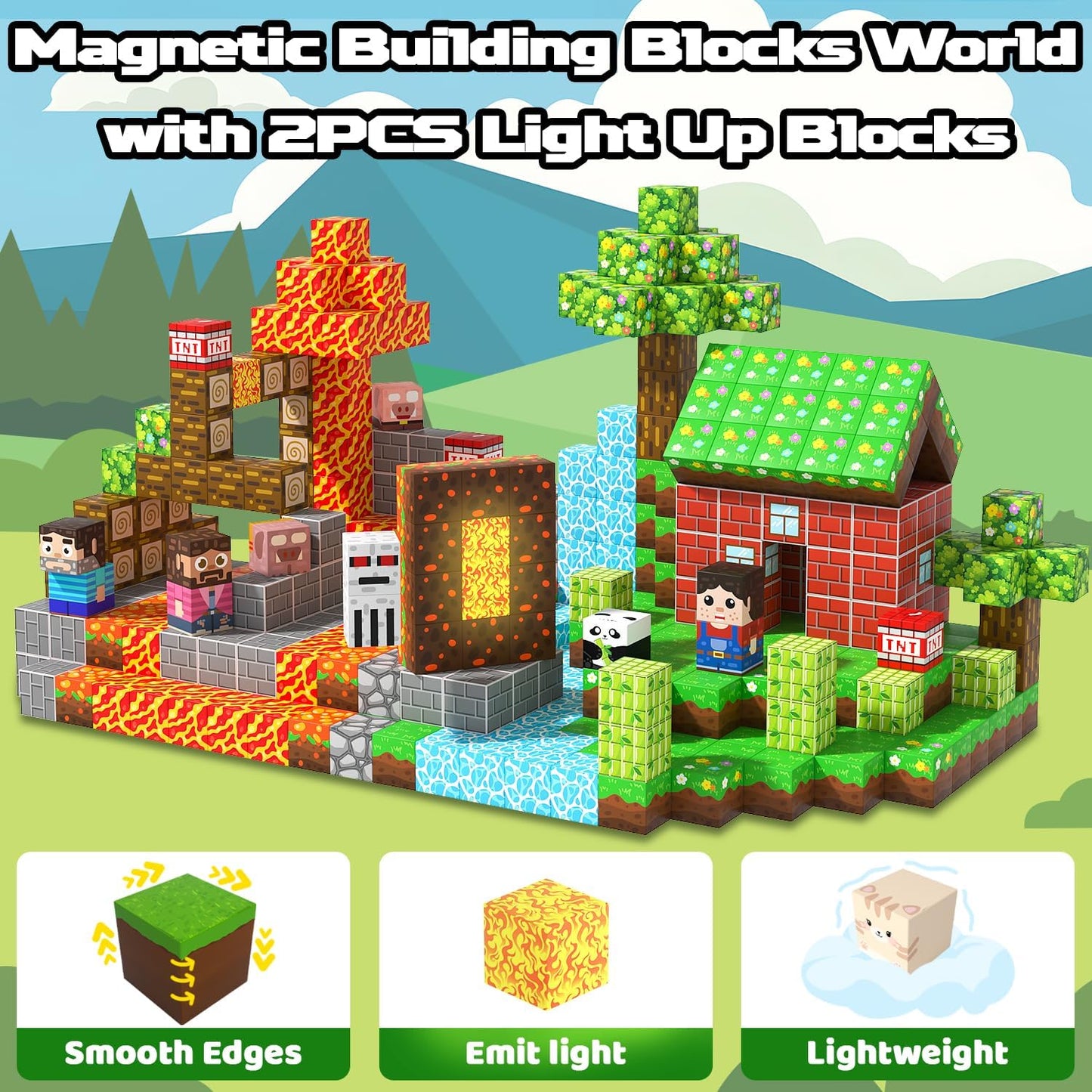 Magnetic Blocks, 150PCS Magnetic Building Blocks Light Up, Stacking Magnets for Kids, Sensory Toy for STEM Constructions Magnet Blocks for Boys Girls Age 3+, Christmas Birthday Gifts