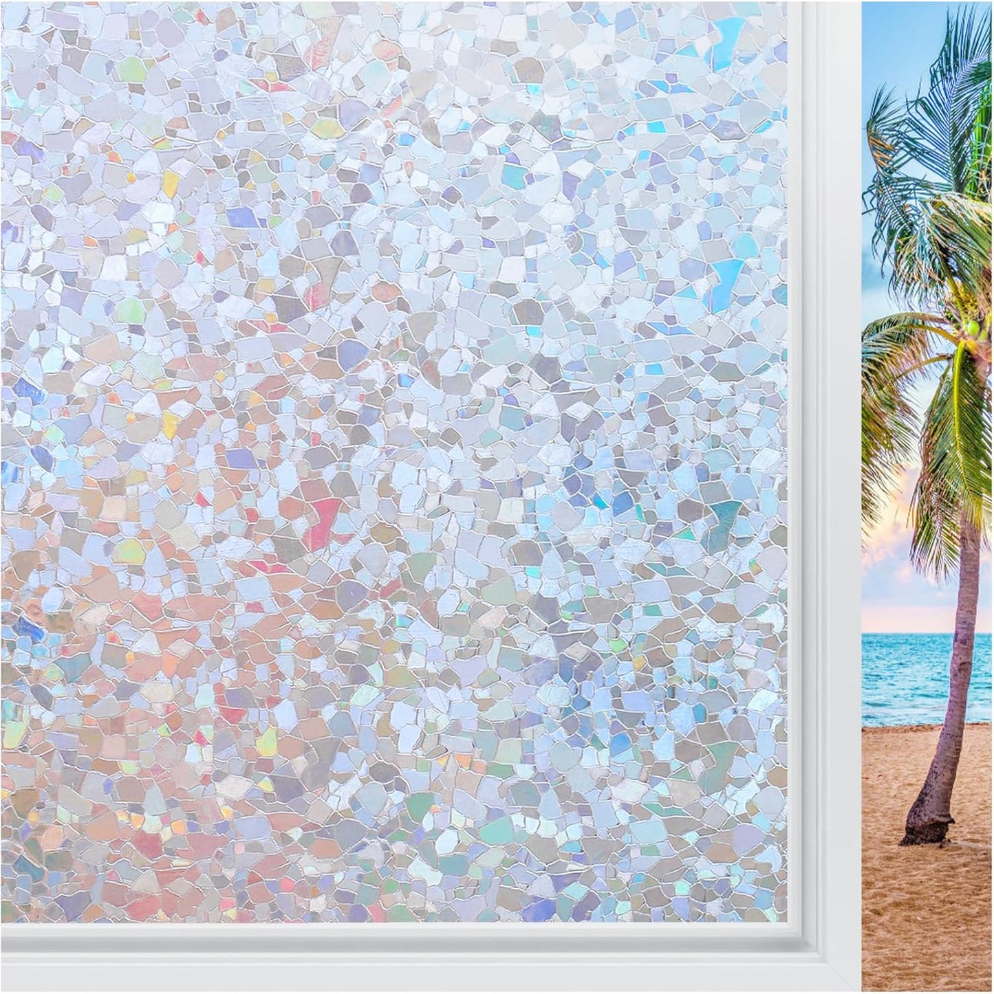 rabbitgoo Rainbow Window Privacy Film Decorative Stained Glass Diamond Pattern Window Sticker with Iridescent Tint Non-Adhesive Static Cling for Home Office Crystal Pattern, 35.4 x 157.4 inch