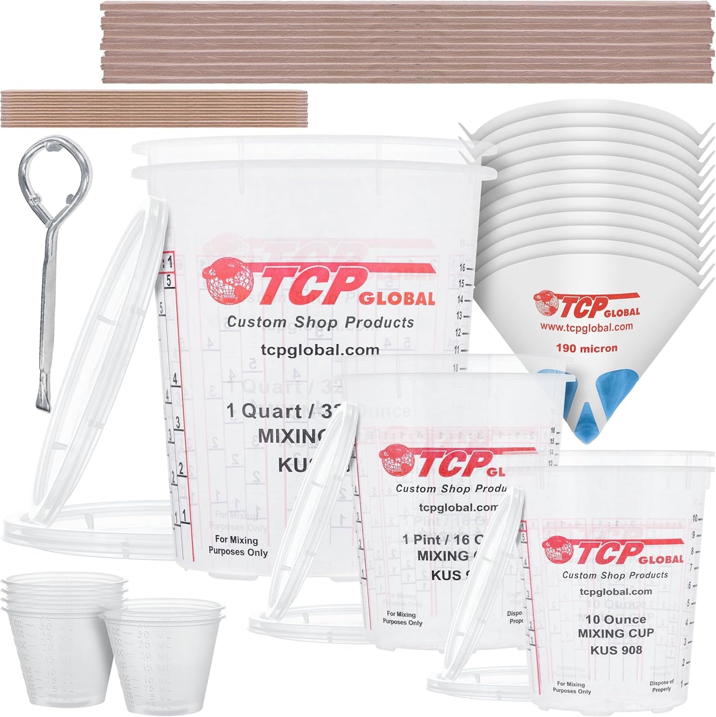 TCP Global Complete Paint Mixing Kit - 12 Cups with Lids, Mixing Sticks, Paddles, Strainers - Epoxy Resin Measuring Cups, Plastic Paint Cup Containers for Automotive & Art Projects