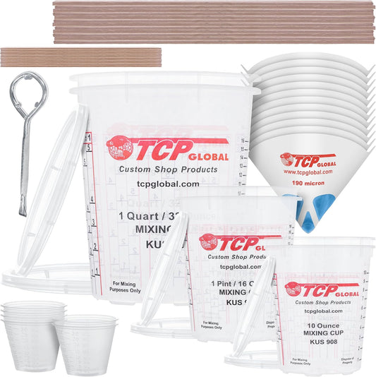 TCP Global Complete Paint Mixing Kit - 12 Cups with Lids, Mixing Sticks, Paddles, Strainers - Epoxy Resin Measuring Cups, Plastic Paint Cup Containers for Automotive & Art Projects