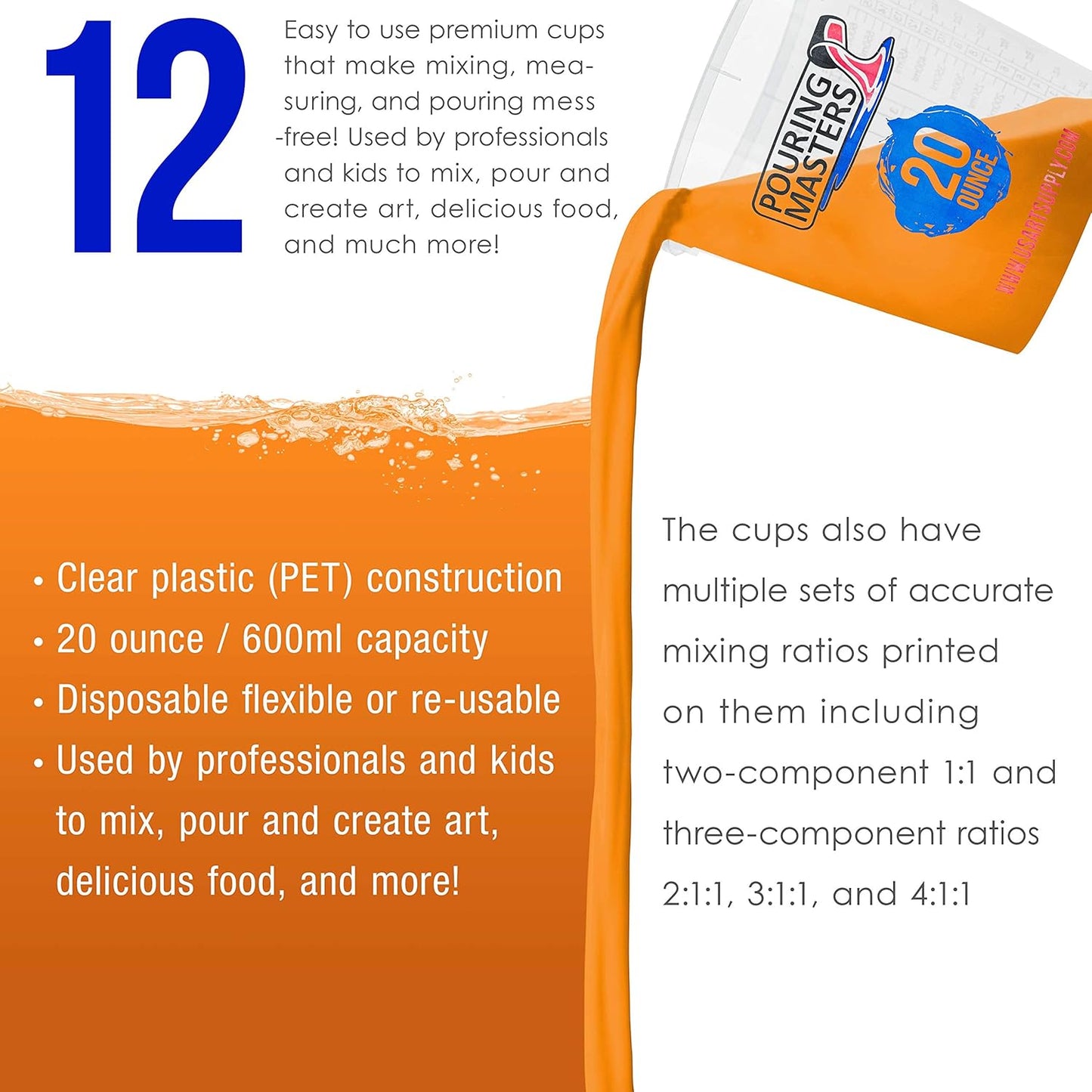 Pouring Masters 20 Ounce (600ml) Graduated Plastic Mixing Cups (Box of 12) - Paint Mixing Cups for Epoxy Resin, Art, Kitchen, Baking - Measurements in OZ and ML, 4 Different Measuring Ratios 1:1