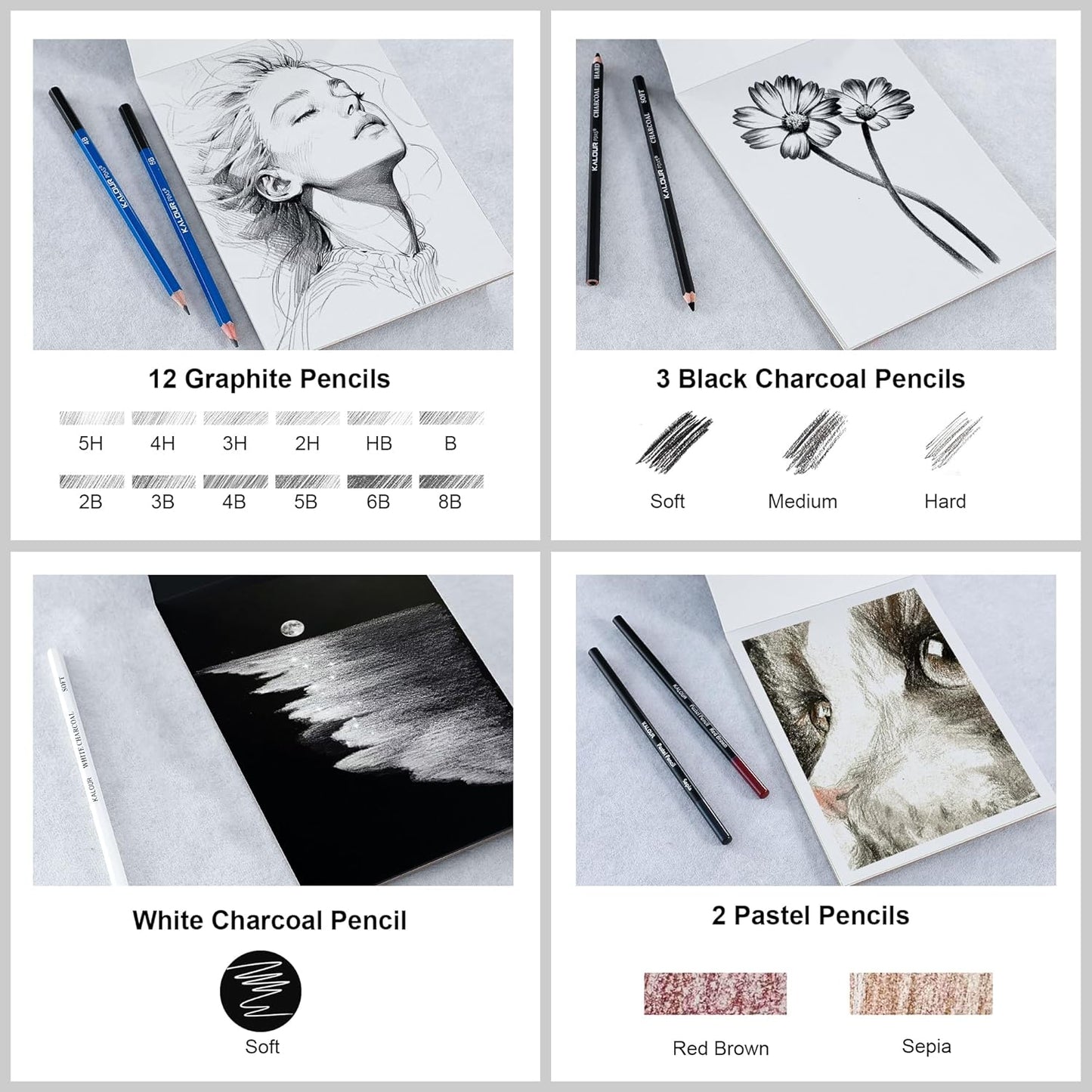 KALOUR 135 Drawing Set Sketching Kit,Art Supplies with 3-color Sketchbook & Coloring Paper,Include Tutorial, Oil Based, Neon,Graphite, Charcoal, Watercolor & Metallic Pencil,for Artist Adults Beginner