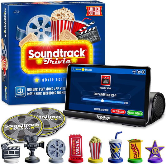 Soundtrack Trivia Limited Edition Movie Game Includes Bluetooth Speaker, Hand Painted Pieces and Coasters, Name The Movie from a 15 Second Music Clip, Board Game for Family, Adults, Kids Ages 8+