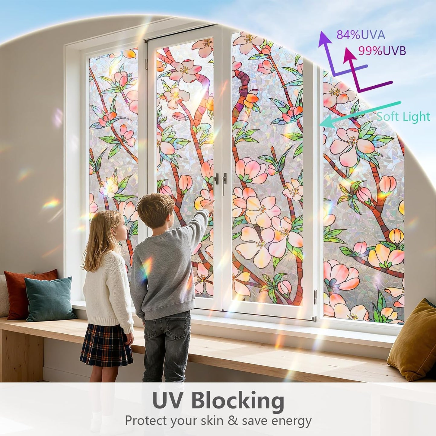 NINETREX Window Privacy Film,3D Stained Glass Window Film,Rainbow Static Cling Stickers Blocks Heat & UV,Non-Adhesive Vinyl for Home Door (Peach Blossom,17.5 x 157.4inch)