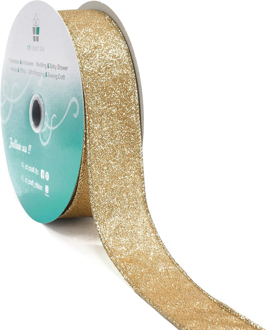 CT CRAFT LLC Glitter Wired Ribbon 1.5" x 20 Yards Light Gold for Christmas Home Decor Bow Gift Wrapping DIY Crafts Wreath