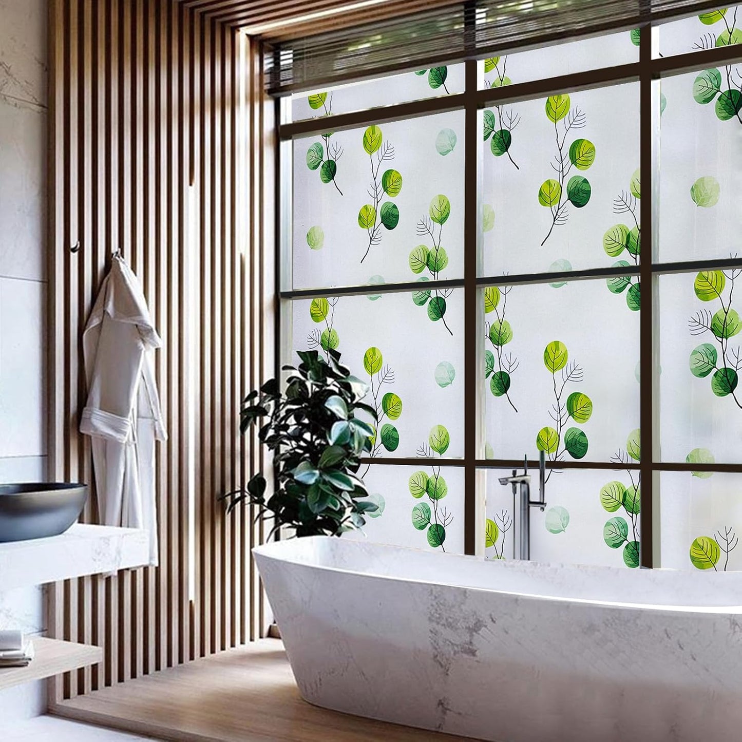 DKTIE Eucalyptus Leaves Stained Glass Window Film with Installation Tools, INS Style Window Privacy Film Decorative, Nordic Style for Home Decor (S541, 17.7'' x 78.7'')