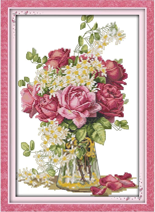 Stamped Cross Stitch Kits Beginners Full Range of Crossstitching Preprinted kits Pattern for Kids or Adults, DIY Needlepoint Embroidery Craft Kits 11CT 3 Strands-15×20.5 inch，Blooming flowers