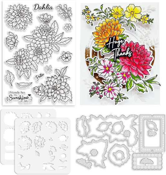 ORIGACH Realistic Dahlia Layering Stencils Set for Card Making, Dahlia Silicone Stamps and Die Sets and Flower Stencil Template for Scrapbooking DIY Crafting