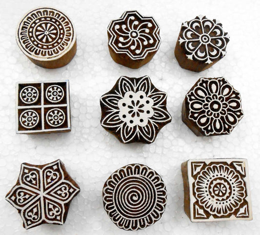 Handcarved Wooden Block Printing Stamps (Set of 9) for Textile Designing/Craft Printing Pattern for Saree/Scrapbookng/Tattoo