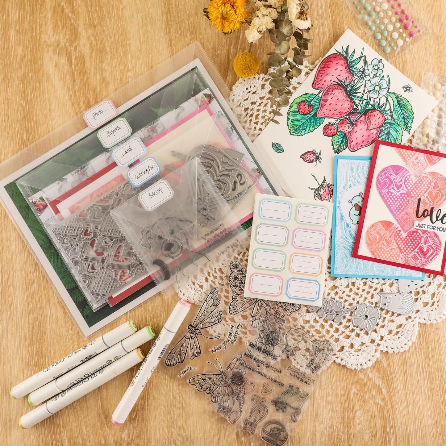 40 PCS Stamp and Die Storage Pockets 48 Label Stickers 4 Sizes Scrapbooking Storage Die Cuts Storage for Storage Card Making DIY Scrapbooking Paper, Cutting Dies Stencil Clear Stamp Crafts Storage