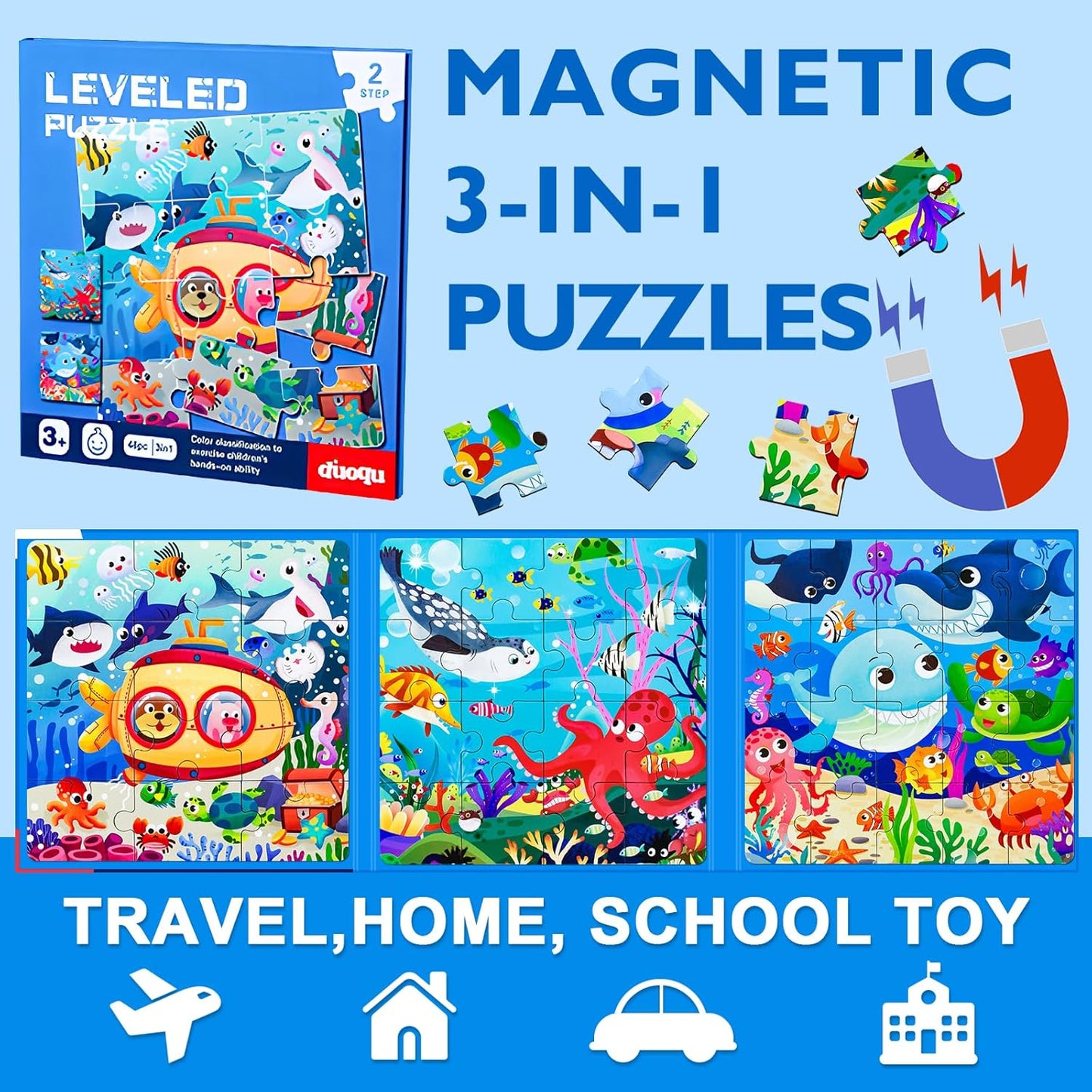 Magnetic Puzzles for Kids Ages 3-5, 3 in 1 Ocean World Toddlers Magnet Jigsaw Puzzle Book, Kids Travel Puzzles Toys, Preschool Learning Toy for Kids 3-8 Year (Ocean World)