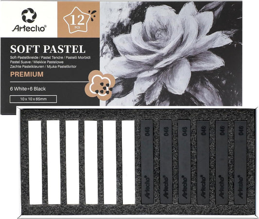 Artecho 12pcs Soft Pastels, 6 White and 6 Black Soft Pastels, Square Chalk for Drawing, Blending, Layering, Shading