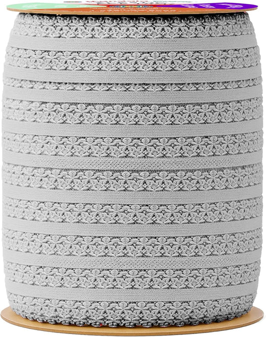 Mandala Crafts Gray Stretch Lace Soft Elastic Trim Roll - 55 Yards 1 Inch Wide Stretchy Frilly Picot Ribbon for Sewing Lingerie, Headbands, Underwear, and Crafts