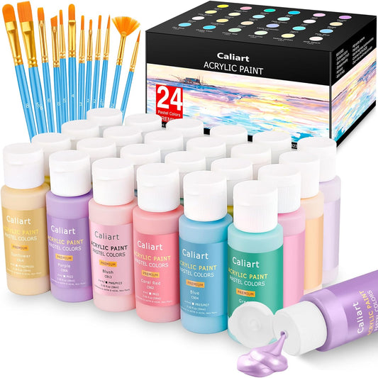 Acrylic Paint Set With 12 Brushes, 24 Colors (59ml, 2oz) Art Craft Paints for Adults Artists Beginners Painters, Canvas Halloween Pumpkin Ceramic Wood Rock Painting Art Supplies (Pastel)