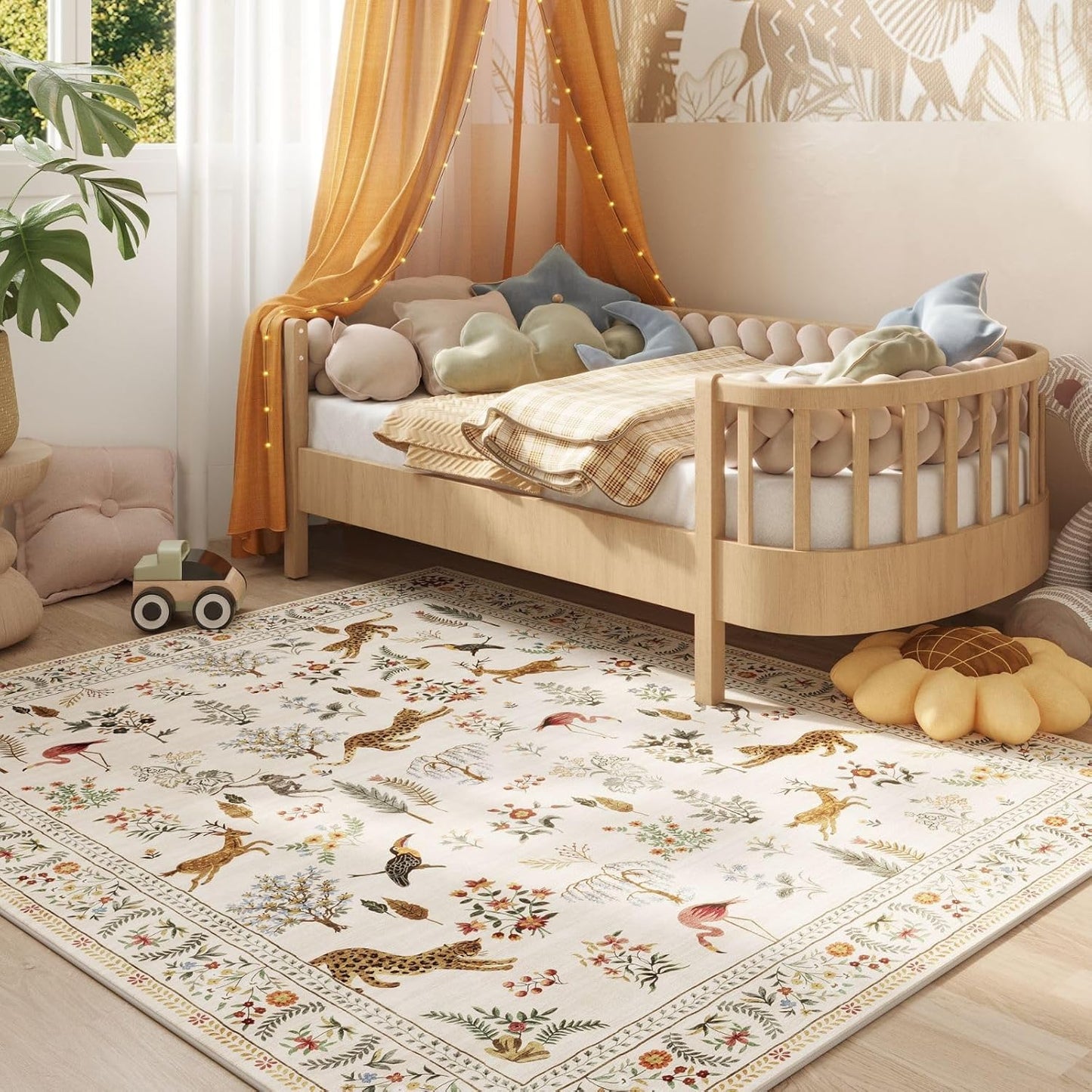 Rugcomf Area Rugs 9x12 Living Room Clearance Washable Boho Rug Non Slip Floral Animal Vintage Low Pile Large Rug for Living Room, Bedroom, Farmhouse, Dining Room, Kids Playroom (Beige)