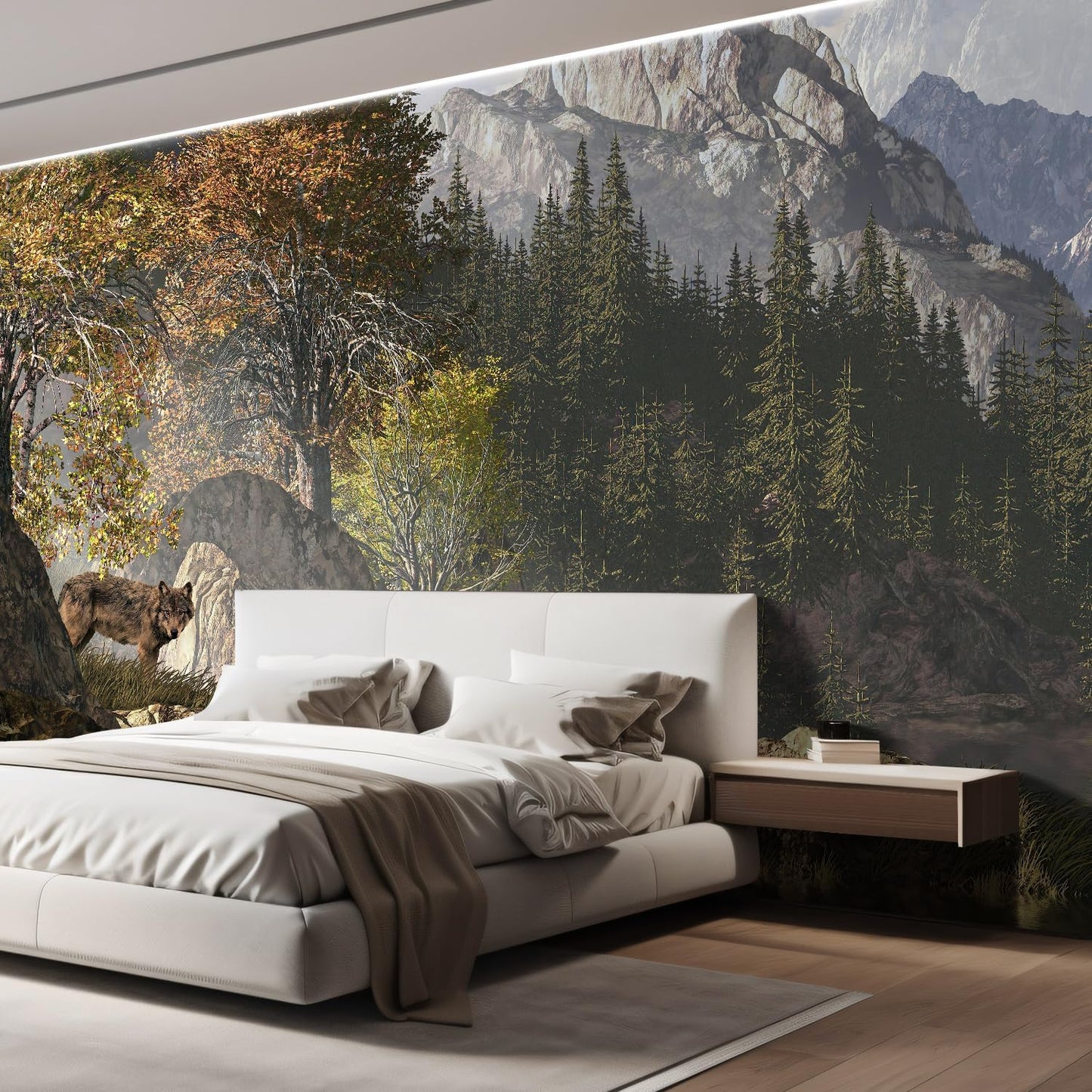 wall26 Wall Sticker/Wall Mural Wolf Near a Lake in a Rocky Mountain Landscape, Not Peel and Stick, Non-Woven Wallpaper Decorative for Bedroom, Living Room, Office - 99x96 inches