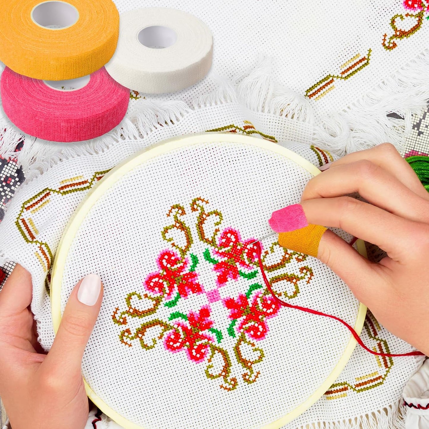 LLMSIX 3pcs Thimbles Type for Hand Sewing, Finger Protectors for Sewing, Soft & Breathable Finger Tape for Moms Wives Hand DIY Sew Gifts