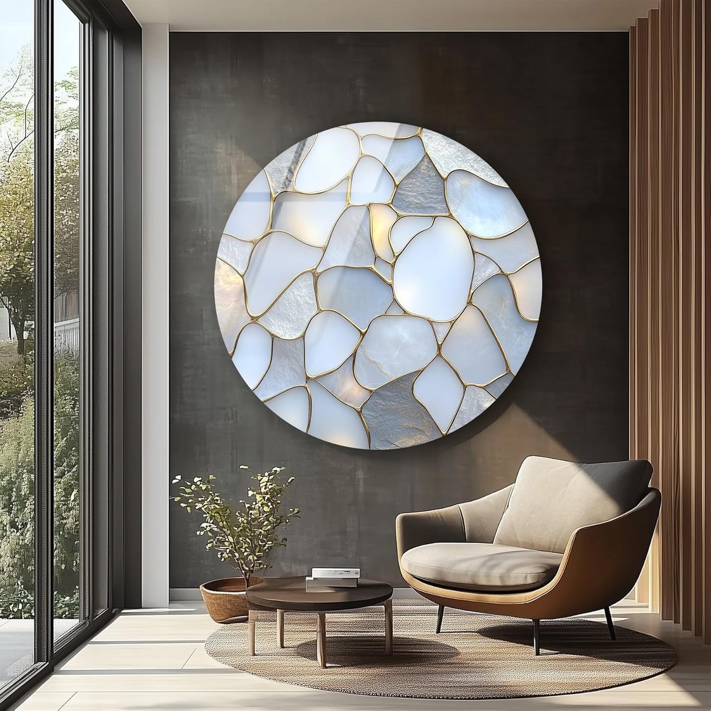 My Photostation.com 39,4''(100cm) Diameter White Stone Mosaic Round Glass Wall Art Tempered Glass Printing Wall Decor Large Wall Art Wall Hangings