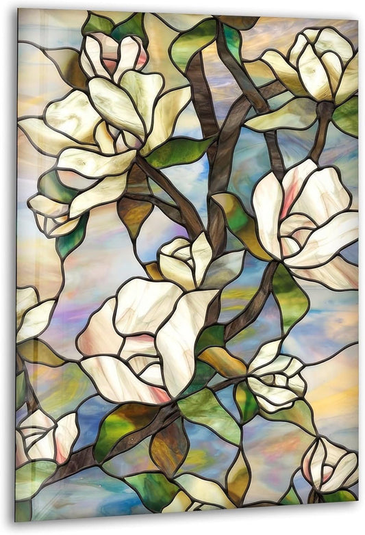 My Photostation.com Round 24'' Stained Magnolia Glass Wall Art Tempered Glass Printing Wall Decor Large Wall Art Wall Hangings