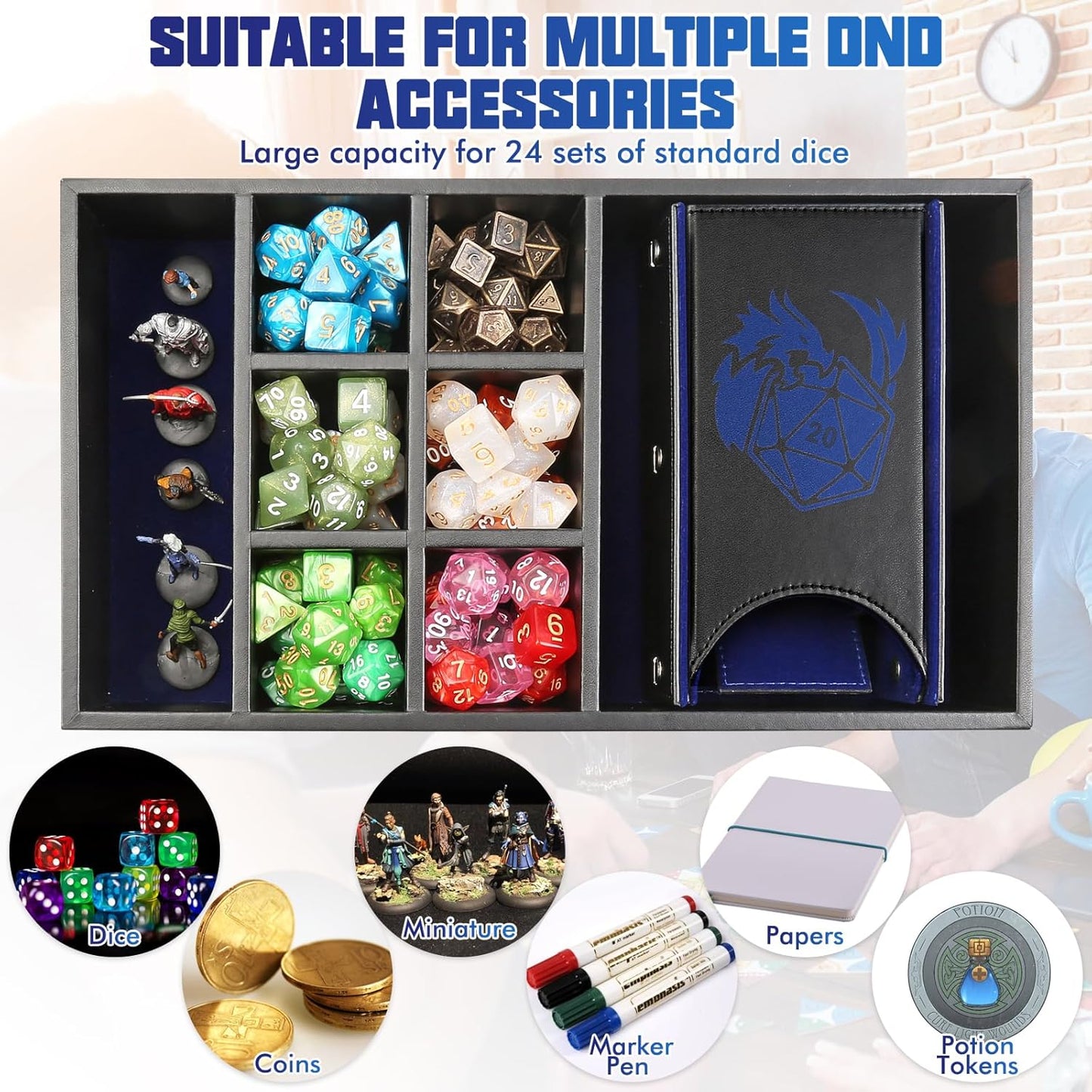 DND Dice Tray & Tower Storage Box, 4 in 1 D&D Dice Holder Case (Dice Rolling Tray, Dice Roller Tower, Dice & Miniature Storage), Great RPG Accessories Gifts for Dungeons and Dragons MTG DM & Player