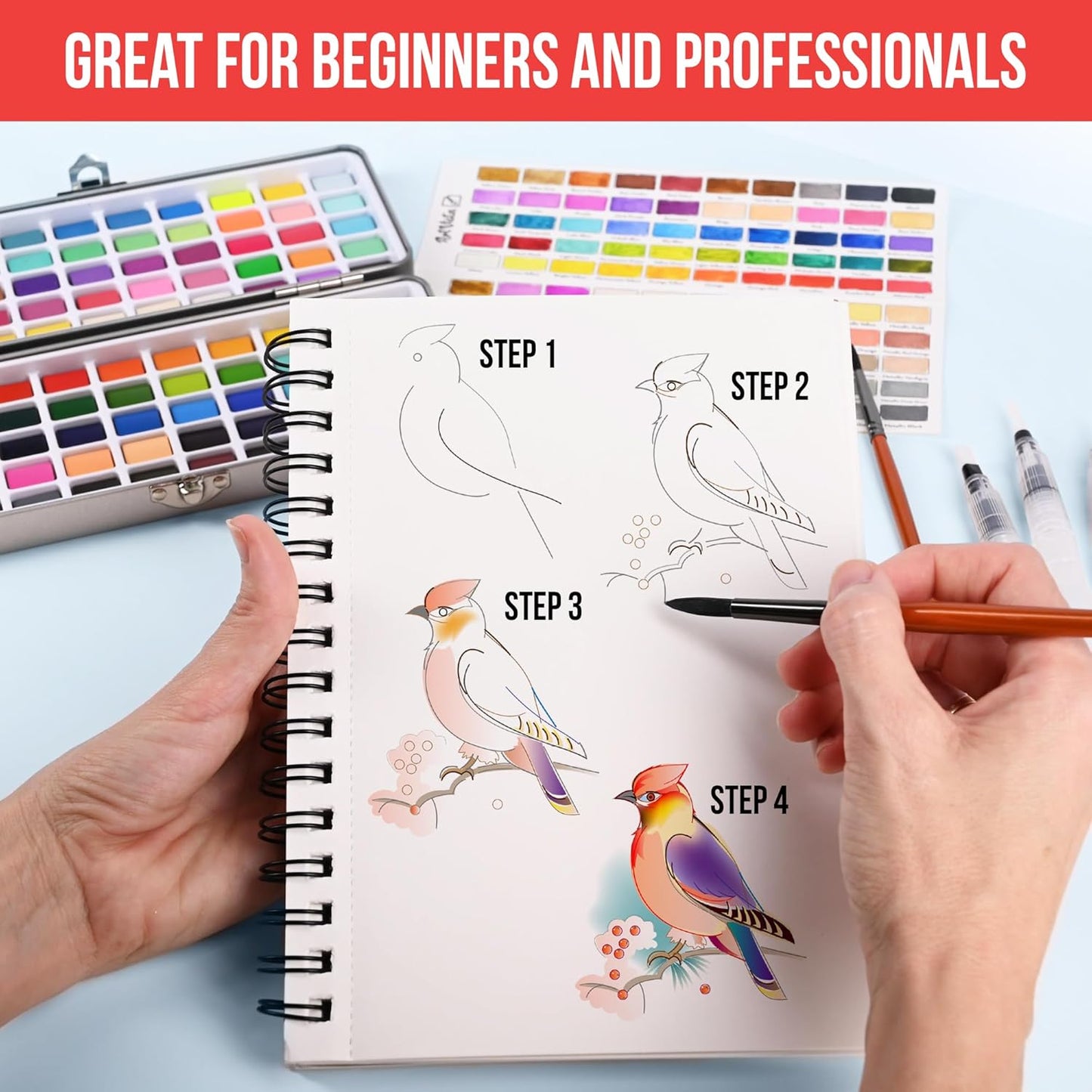 Premium Watercolor Paint Set Bundle with 100 Bright Colors & Paper Pad for Beginners & Professional – Painting Kit & Art Supplies for Adults – Travel Watercolor Set with Metallic Watercolor Paints