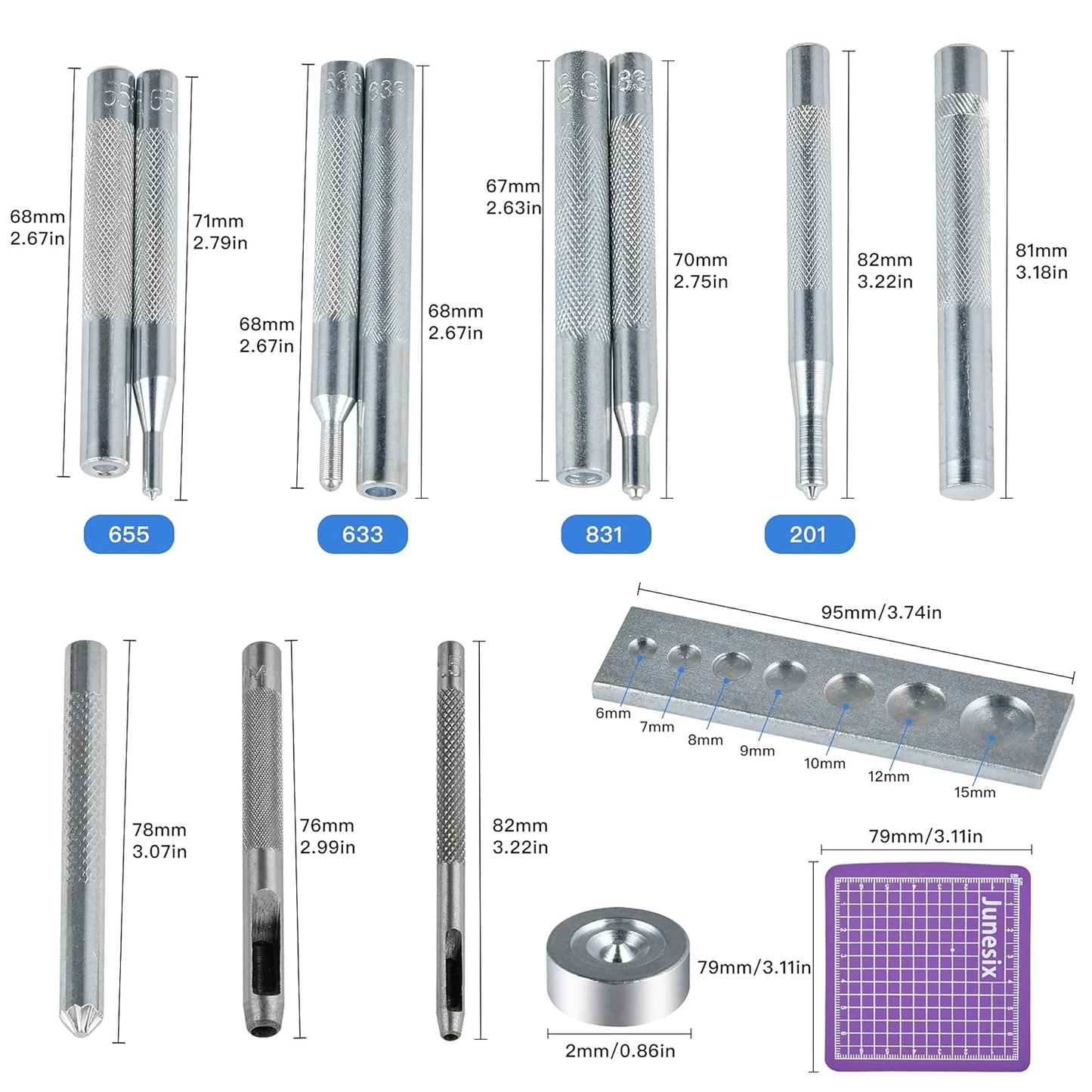 14Pcs Rivet Setter, Leather Die Punch Snap kit, Stainless Steel Rivet Setting Tool for Bag Making DIY Leather Crafts with Non Slip Base