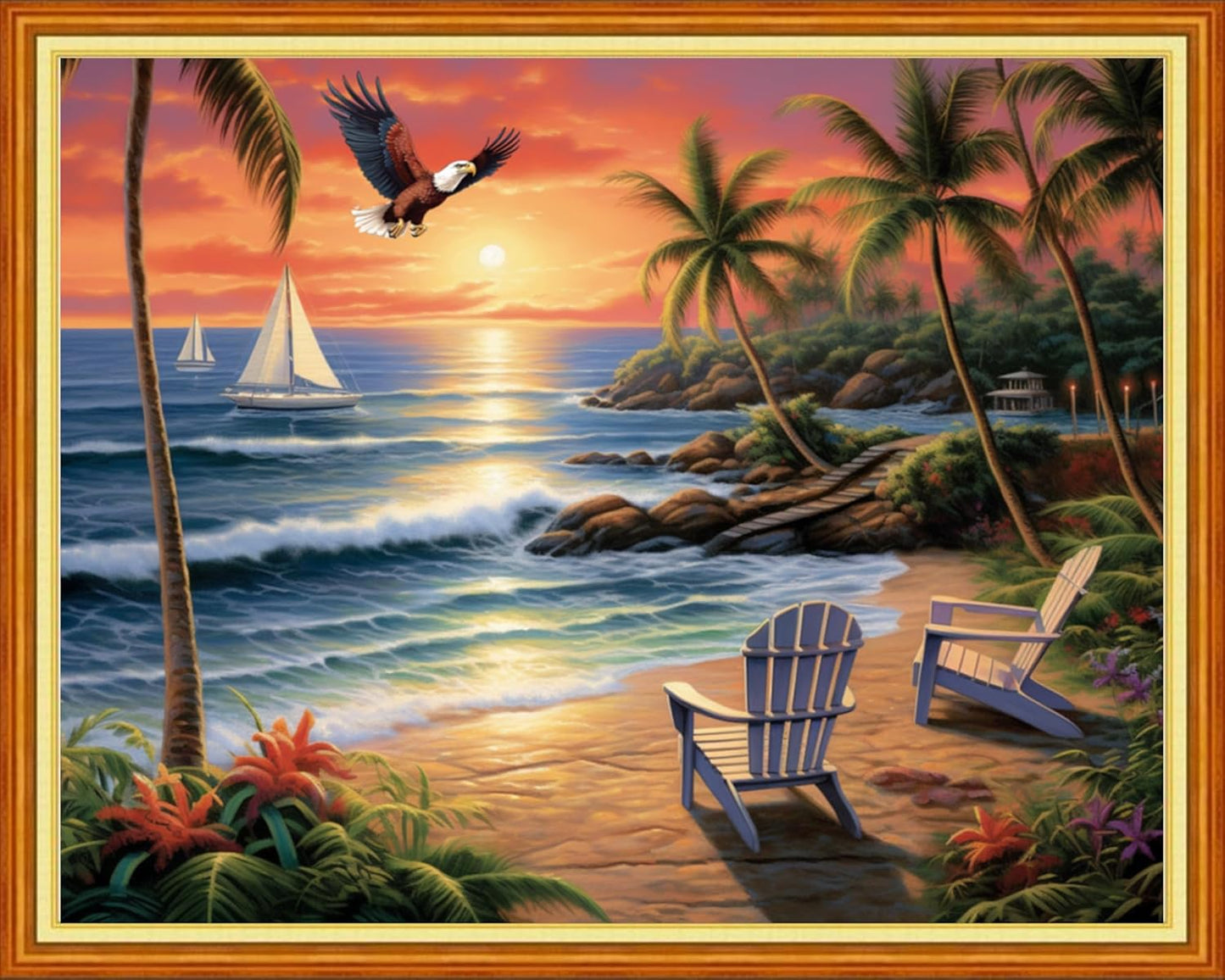 Stamped Cross Stitch Kits - Beach Night Landscape Counted Cross Stitch Kits for Beginners Adults Needlepoint Cross-Stitch Patterns-Rest by The Seaside 16x20 inchs