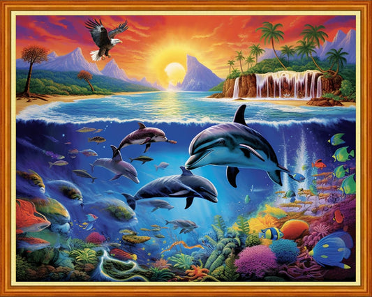 Dooxvey Cross Stitch Kits for Adults Beginners - Full Range of Stamped Kits - 11CT Cross Stitch Patterns - Dolphin Underwater World - 16x20 inch