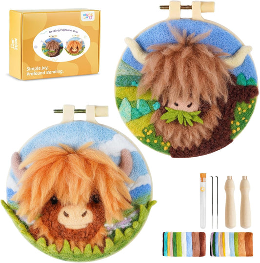 Needle Felting Kit,Embroidery kit for Beginners,Punch Needle Kits Adults Beginner,Punch Needle kit for Beginners, Includes All Tools and Materials,Easy to Follow Instructions and Videos(Highland Cow)